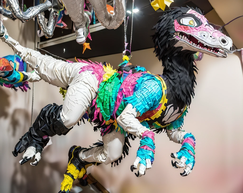 Ultra high resolution, best quality, masterpiece, (involuntary pinata transformation), mid transformation, (a shrunken, terrified, and aroused male human college boy deinonychus velociraptor piñata sexdoll hybrid at college frathouse party:1.9), (upperclassmen gather around in awe to watch you transform:1.65), (you shrink into a mere 2 feet tall and 3 feet long pinata:1.5), (you are hanging suspended in midair from the dorm ceiling by chains attached to your back, wrists, and ankles:1.95), (wearing loose baggy oversized muscle shirt and sweat pants:1.85), (human feathered deinonychus piñata partial hybridization:1.85), (the magic raptor pinata mask morphs and shrinks you into a deinonychus sexdoll piñata:1.6), ((black:1.6) (red:1.45) (pink:1.3) (azul:1.4) (platinum:1.4):2), (part human:1.55), (real life, photorealistic:1.8), (partial feralization:1.7), ((NSFW:1.85)), (pinata-fication suspension bondage transformation:1.5),
