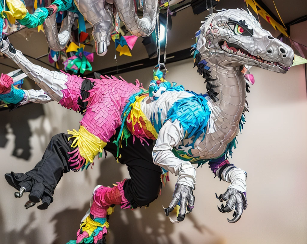 Ultra high resolution, best quality, masterpiece, (involuntary pinata transformation), mid transformation, (a shrunken, terrified, and aroused male human college boy deinonychus velociraptor piñata sexdoll hybrid at college frathouse party:1.9), (upperclassmen gather around in awe to watch you transform:1.65), (you shrink into a mere 2 feet tall and 3 feet long pinata:1.5), (you are hanging suspended in midair from the dorm ceiling by chains attached to your back, wrists, and ankles:1.95), (wearing loose baggy oversized muscle shirt and sweat pants:1.85), (human feathered deinonychus piñata partial hybridization:1.85), (the magic raptor pinata mask morphs and shrinks you into a deinonychus sexdoll piñata:1.6), ((black:1.6) (red:1.45) (pink:1.3) (azul:1.4) (platinum:1.4):2), (part human:1.55), (real life, photorealistic:1.8), (partial feralization:1.7), ((NSFW:1.85)), (pinata-fication suspension bondage transformation:1.5),