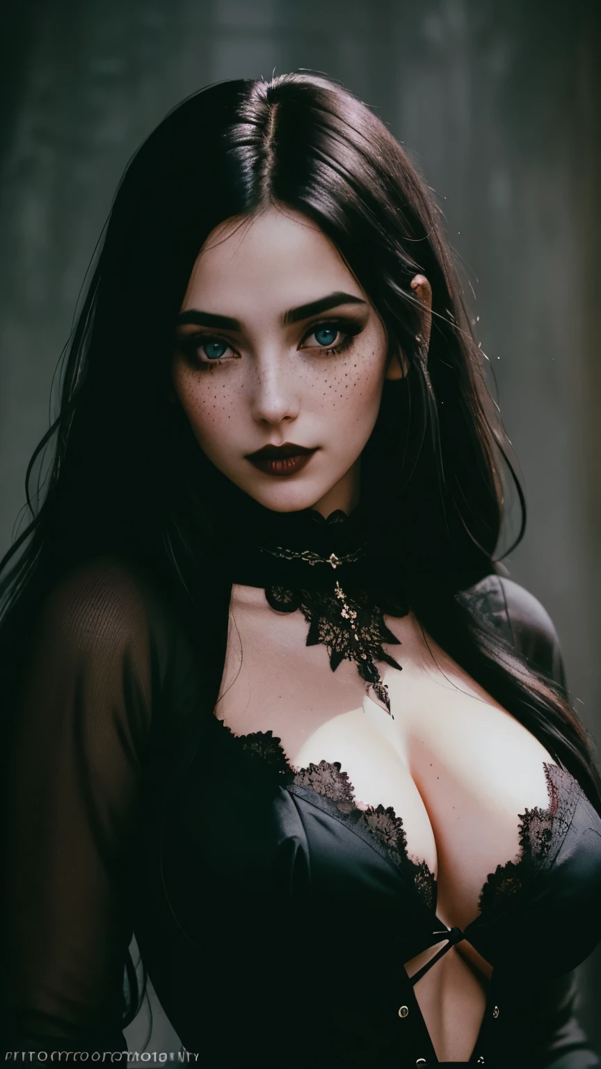 (best quality, Super detailed photography:1.2), Pretty Lady, freckle, Gothic dark makeup, soft light, huge perfect breasts,Head and chest portraits, cover, (Detailed beautiful face, Detailed skin texture, Super detailed body:1.1) Sexy vampire girl,