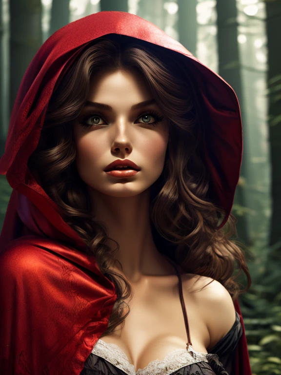 Oil painting of Adult ((Red Riding Hood)) [Woman:Maude Adams:0.1] character, ghostly white skin, charismatic look, perfect eyes, nostalgic, vintage, antique, Gabriel Pacheco style, soft, dreamlike, surrealism, tale forest background, intricate details, 3D rendering, octane rendering. Abstract background. Masterpiece of the best quality, high definition, 32k. By Monique Moro.