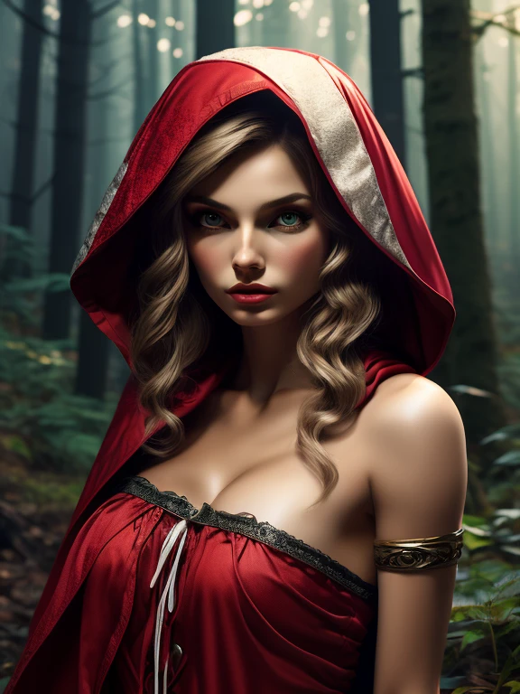 Oil painting of Adult ((Red Riding Hood)) [Woman:Maude Adams:0.1] character, ghostly white skin, charismatic look, perfect eyes, nostalgic, vintage, antique, Gabriel Pacheco style, soft, dreamlike, surrealism, tale forest background, intricate details, 3D rendering, octane rendering. Abstract background. Masterpiece of the best quality, high definition, 32k. By Monique Moro.