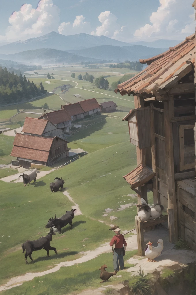 man, 欧洲middle Ages,farmer,dim,Western dragon,farmer,livestock,animal,ox,sheep,dog,pig,Chicken and duck,farmland,village, Keep, outdoor, bird, permanent, cloud, arms, from behind, Sky, cloudy Sky, animal, Keep arms, Western dragon, monster, 1other, have, FOG, middle Ages,farmland,river,war