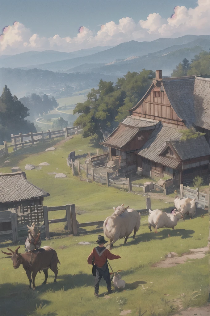 man, 欧洲middle Ages,farmer,dim,Western dragon,Sky中飞龙,farmer,livestock,animal,ox,sheep,dog,pig,Chicken and duck,farmland,village, Keep, outdoor, bird, permanent, cloud, arms, from behind, Sky, cloudy Sky, animal, Keep arms, Western dragon, monster, 1other, have, FOG, middle Ages,farmland,river,war