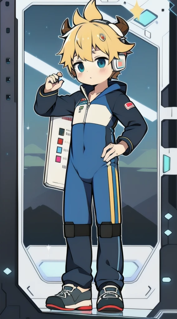 2D boy Shota，One-piece mountaineering suit，horns，cow ears，Put the headphones on your head，stood up，goggles，sports shoes，Slim