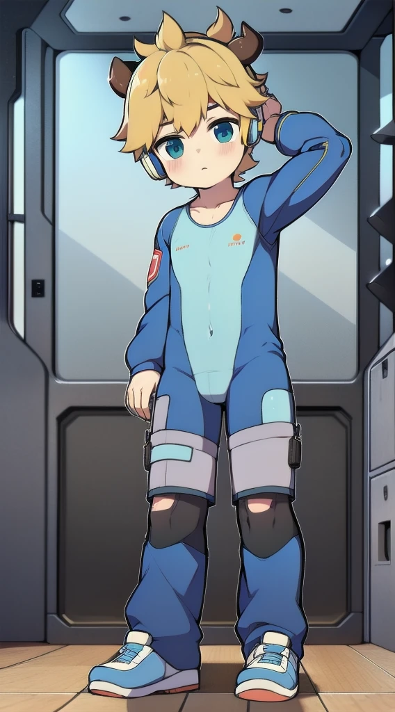 2D boy Shota,One-piece mountaineering suit,horns,cow ears,Put the headphones on your head,stood up,goggles,sports shoes,Slim