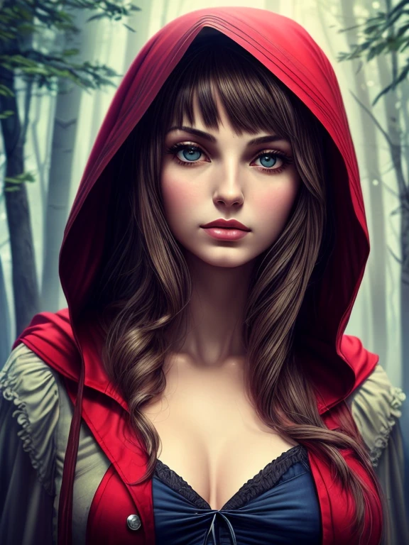 Oil painting of Adult ((Red Riding Hood)) [Woman:Maude Adams:0.1] character, ghostly white skin, charismatic look, perfect eyes, nostalgic, vintage, antique, Gabriel Pacheco style, soft, dreamlike, surrealism, tale forest background, intricate details, 3D rendering, octane rendering. Abstract background. Masterpiece of the best quality, high definition, 32k. By Monique Moro.