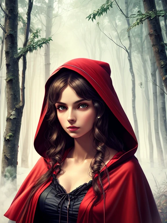 Oil painting of Adult ((Red Riding Hood)) [Woman:Maude Adams:0.1] character, ghostly white skin, charismatic look, perfect eyes, nostalgic, vintage, antique, Gabriel Pacheco style, soft, dreamlike, surrealism, tale forest background, intricate details, 3D rendering, octane rendering. Abstract background. Masterpiece of the best quality, high definition, 32k. By Monique Moro.