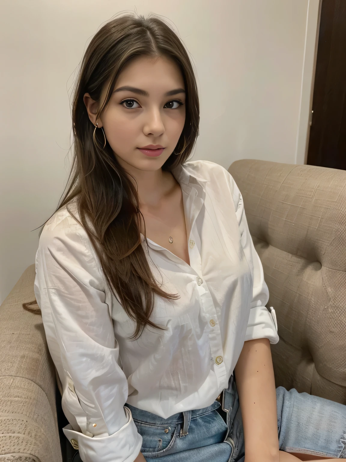 Photo of a 25 year old brunette woman, that has a very natural face, thin lips, thin eyes, thin eyebrows, thin nose, earrings, long eyelashes. She is wearing white shirt fully buttoned. She is sitting on a chair facing the camera.