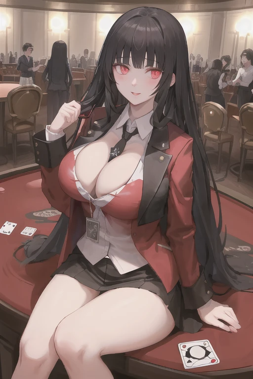 Very long hair, black hair, Jacket, Red_Jacket, Red_Eye, Bangs, School_, straight hair, blunt_Bangs, inside a casino, poker table, playing cards, looking down at the audience, big breasts, [[[[特写cleavage]]]Huge long saggy breasts, looking at the audience，cleavage],  whole body, crazy Eye, crazy, wide open Eye, glowing Eye, glossy lips, blush, satisfied expression, sexual arousal, obsessive facial expressions, crazy表情, hands out of frame, aldult, Mature, milf,