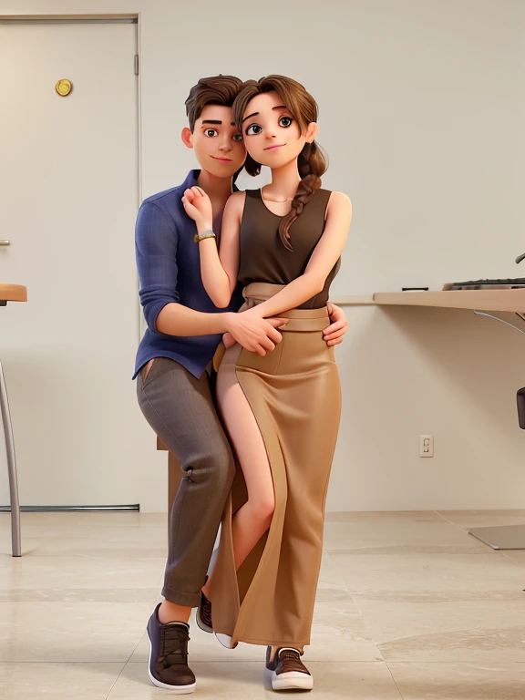 there is a man and woman hugging in a room, couple pose, lovely couple, full body photogenic shot, intertwined full body view, smooth in _ the background, very artistic pose, growth of a couple, candid picture, don't change the outfits, boy seated on a stool and wearing black shirt and black trousers with black shoes hugging the girl from behind girl standing inbetween his legs facing the camera, girl is wearing a brown sleeveless bodysuit with a lighter brown mid skirt, make them both pretty and the girl wearing not shoes just slides, guy in black shirt