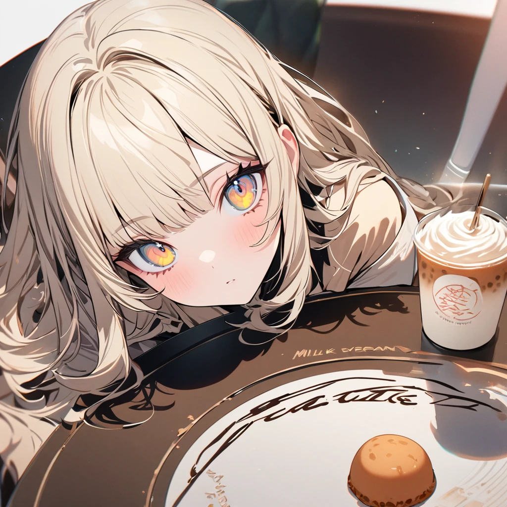 (masterpiece), (highest quality), (super detailed), (1 girl), (fashionable clothes), detailed and beautiful eyes, delicate beautiful face, floating,(high color saturation), milk tea colored hair, The bangs are even, ,15 years old,wizard,Ice cream is placed on a round table,best writing, best shadow,