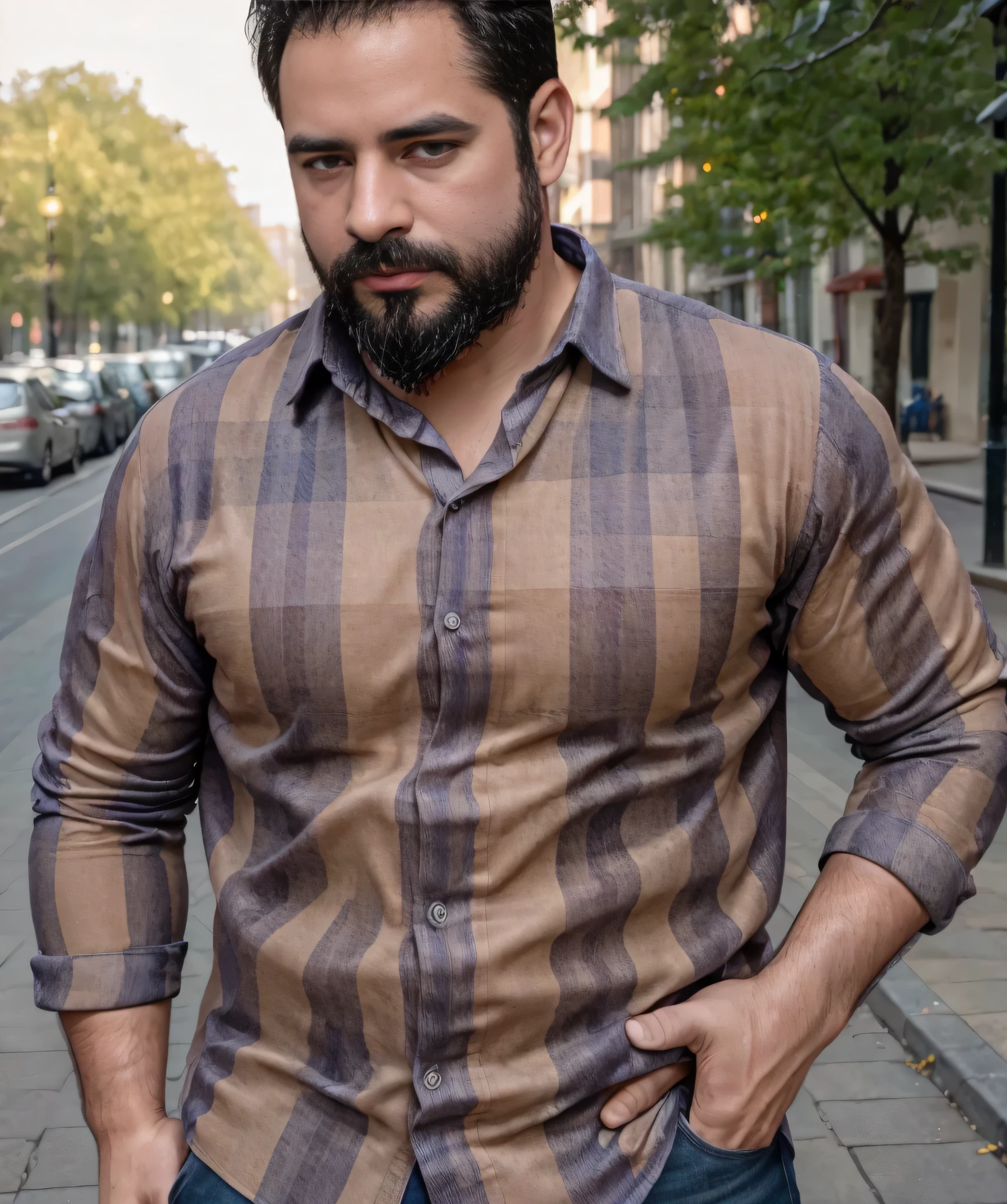 (best quality,4k,8k,highres,masterpiece:1.2), ultra-detailed, realistic:1.37, HDR, studio lighting, professional, vivid colors, bokeh, portraits, man in his late 30s, bearded, wearing sunglasses, wearing formal attire with checkered shirt, walking on the street.