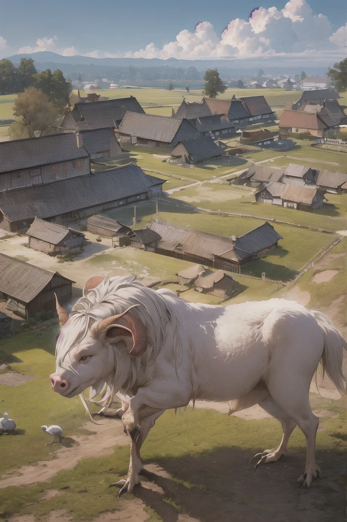 man, 欧洲middle Ages,farmer,dim,Western dragon,Sky中飞龙,farmer,livestock,animal,ox,sheep,dog,pig,Chicken and duck,farmland,village, Keep, outdoor, bird, permanent, cloud, arms, from behind, Sky, cloudy Sky, animal, Keep arms, Western dragon, monster, 1other, have, FOG, middle Ages,farmland,river,war