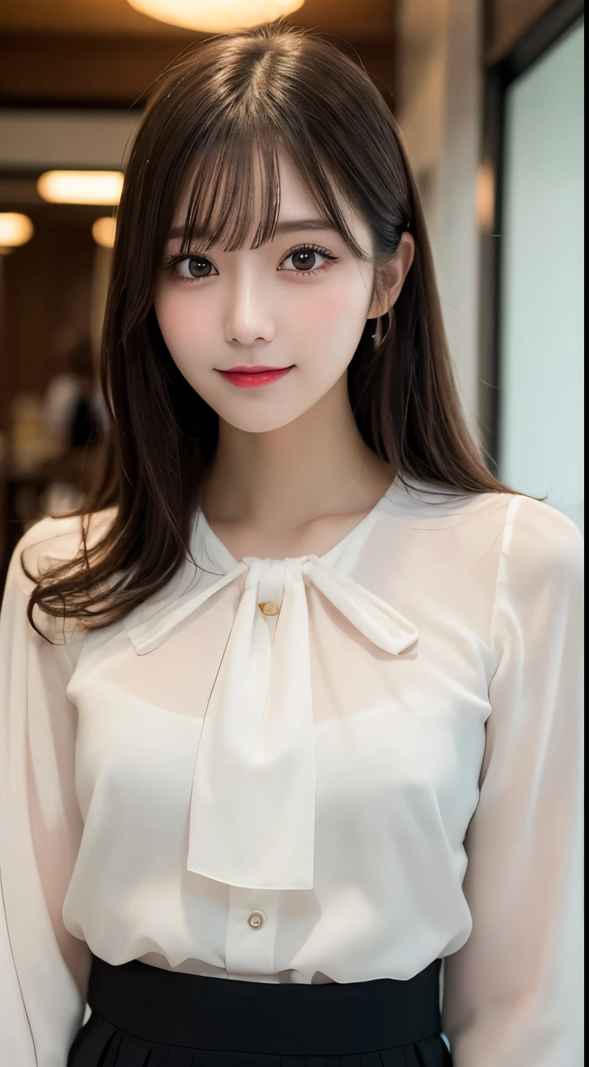 table top, highest quality, shape, Super detailed, finely, High resolution, 8k wallpaper, 完璧なダイナミックな構shape, beautiful and detailed eyes,ランダムなcute髪,,natural color lip, bold sexy pose,smile、20 year old girl、cute、look at the camera,Always blur the background,perfect and beautiful face,slim face and style,Big eyes、Do gal makeup,small face,shot from below、smile,Blurred background of Tokyo station interior,Sheer White Blouse、flare skirt