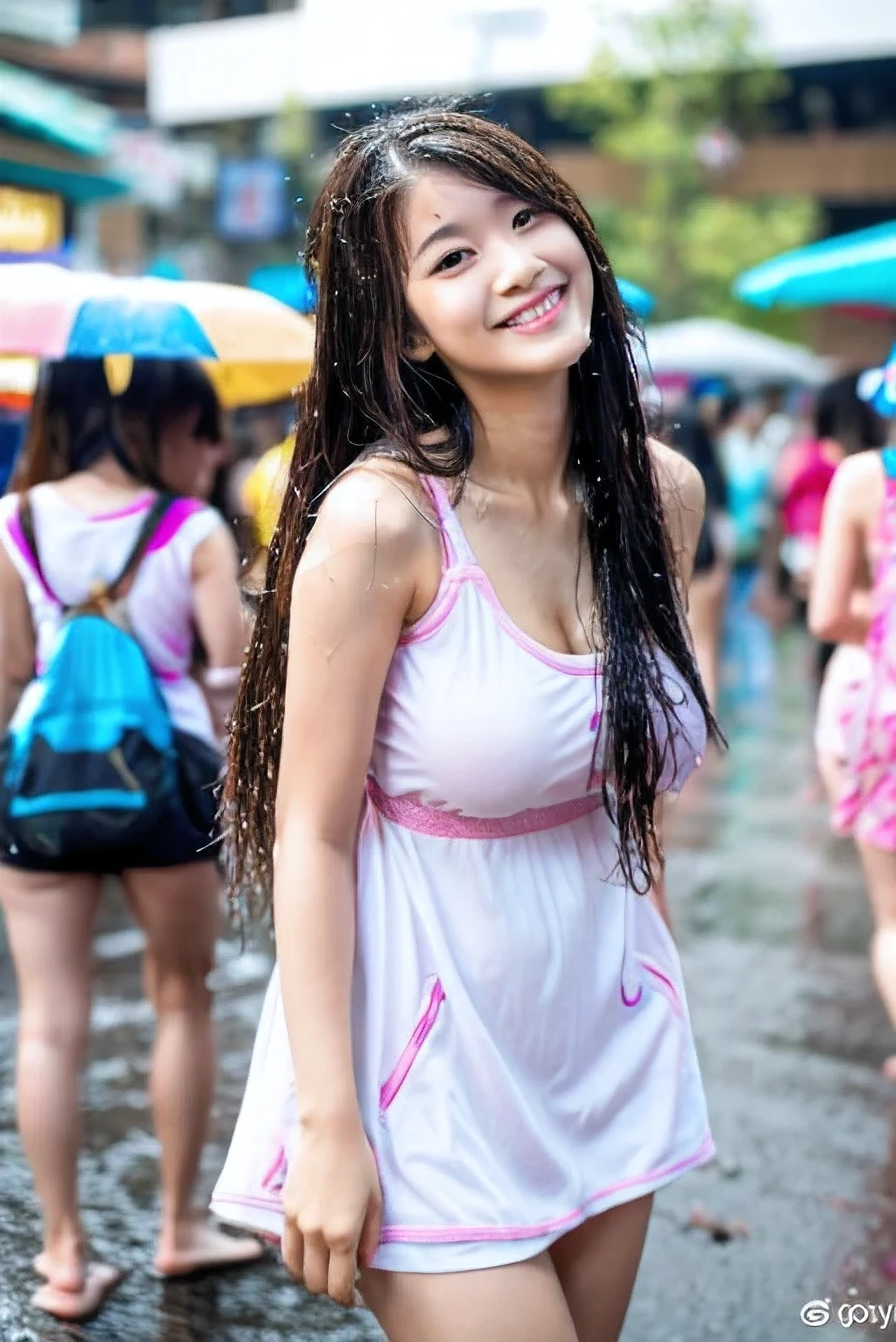  a Thai girl, 20 years, cute face, model has a good figure and large breasts, small waist, big hips, wet long hair smile, in short light tight pajamas short dress, beautiful legs and white flip-flops standing on the street, water splash in songkran festival days Khaosan road celebrate the Songkran festival, body wet, clothes wet, photo structure and high definition.,LinkGirl,taiwan