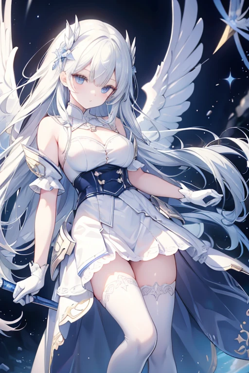 White elbow length gloves），white long gloves，White sling over the knee boots，long white hair，blue pupils，short sleeves，White belt，white leg rings，Ornate decoration，White high heel over the knee boots，beautiful background，anime girl，white skirt，long white hair，blue eyes, anime goddess,  Very detailed official artwork, Portrait Knight of the Zodiac Maiden, wearing nice clothes, Detailed key animation art, Epic light novel art cover, zodiac knight girl