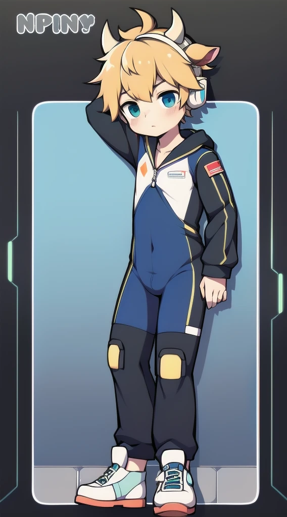 2D boy Shota,One-piece mountaineering suit,horns,cow ears,Put the headphones on your head,stood up,goggles,sports shoes,Slim