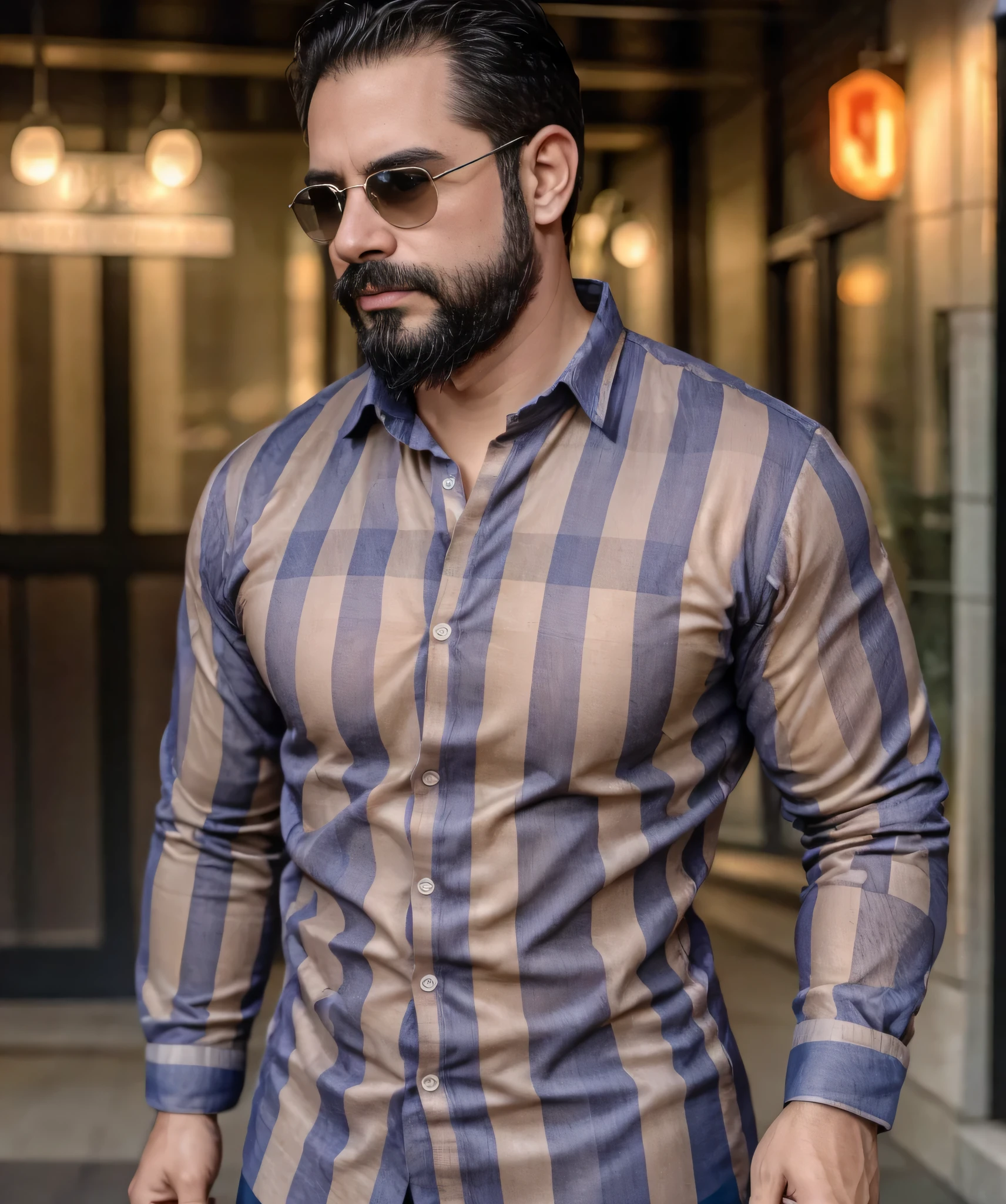 (best quality,4k,8k,highres,masterpiece:1.2), ultra-detailed, realistic:1.37, HDR, studio lighting, professional, vivid colors, bokeh, portraits, man in his late 30s, bearded, wearing sunglasses, wearing formal attire with checkered shirt, walking on the street.