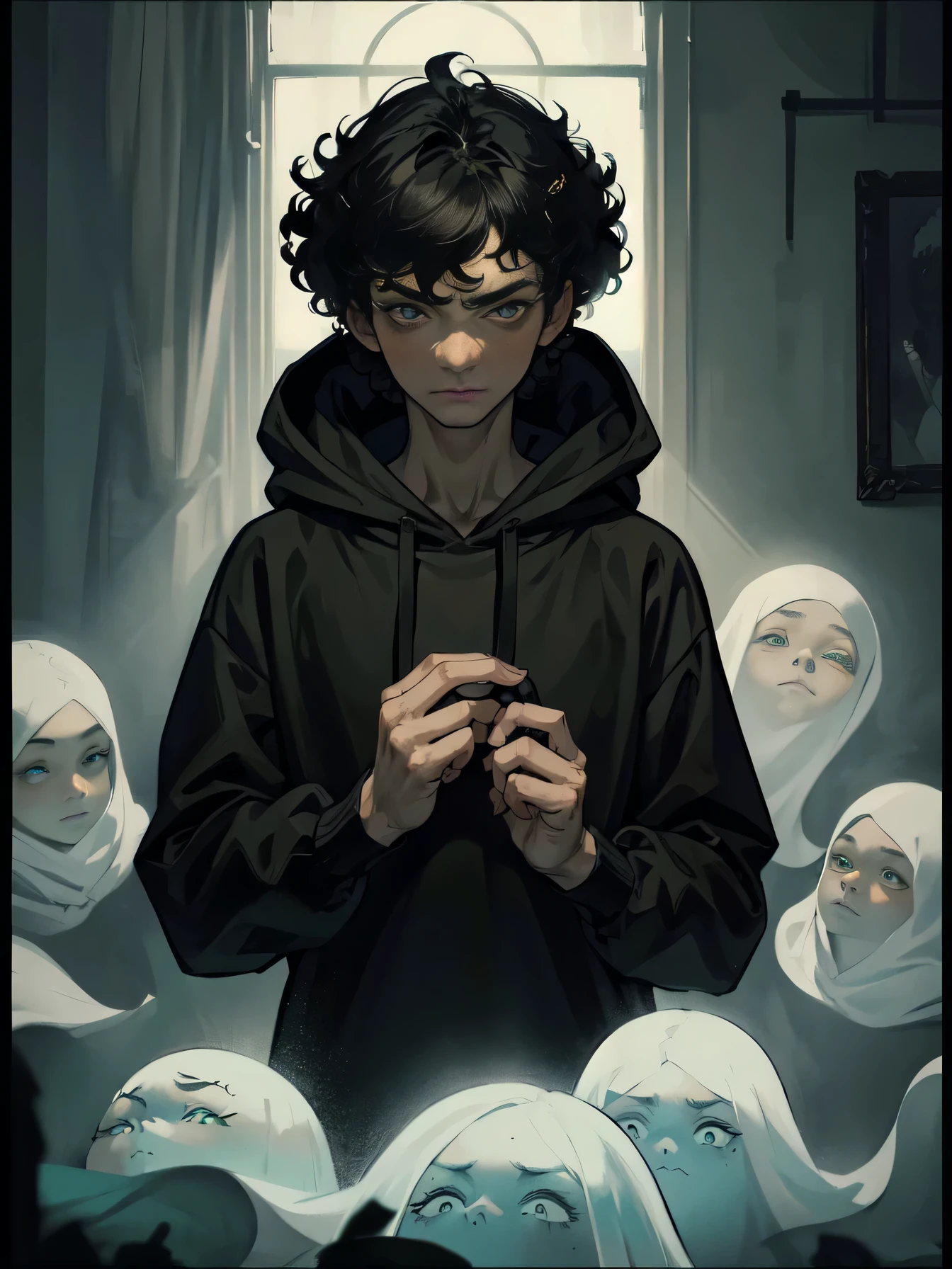 A bright shot, portrait, epic realistic, one boy, Thin, ((teenager)), schoolboy, (surrounded by people without faces) (Beautiful boy, Pale skin), boy, Beautiful, big eyes (curly hair) curls, short hair, dark hair, big green eyes, gloomy atmosphere, Dark detailed background, Dark colors, contrast light, (ghosts), gloomy, frown, looks at the camera, black sweatshirt, Hooded figure, ghosts are surrounded by many details, Detailed frame, excellent quality, masterpiece