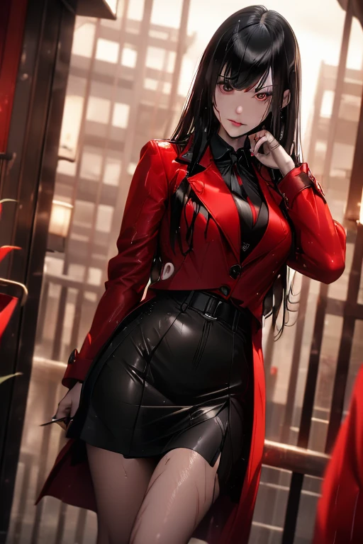 (masterpiece, best quality, Super detailed, 8K, wallpaper, lifelike), (medium shot), seductive girl, plump figure, perfect hands, perfect anatomy, large cleavage, [[[[特写cleavage]]]Huge long saggy breasts, looking at the audience，cleavage],  ((Anime girl as Yumeko Jabami)), ((Dressed like a female student at Hyakkao Academy)), ((A wet red coat，Black trim on cuffs and collar:1.5)), ((Wet white see-through button-down shirt and black tie)), ((Moist black and gray plaid mini skirt, black leggings, and brown loafers)), ((Has long wet brown hair，Longer than shoulders, Her hair is usually straight.、Smooth, Adds to her overall elegant appearance)), ((A silver ring on the left thumb)), ((standing，One hand on the head，One hand on her waist)), ((dynamic background)), ((wet skin)), wet road, rainy weather