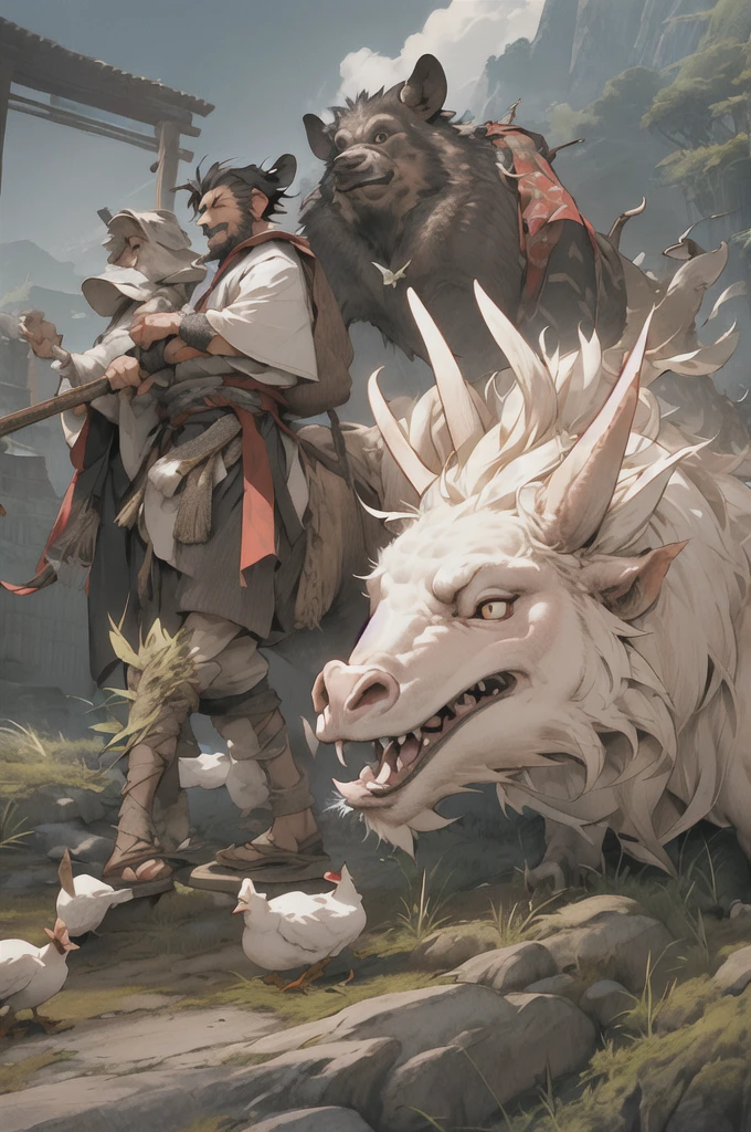 man, 欧洲middle Ages,farmer,dim,Western dragon,Sky中飞龙,farmer,livestock,animal,ox,sheep,dog,pig,Chicken and duck,farmland,village, Keep, outdoor, bird, permanent, cloud, arms, from behind, Sky, cloudy Sky, animal, Keep arms, Western dragon, monster, 1other, have, FOG, middle Ages,farmland,river,war