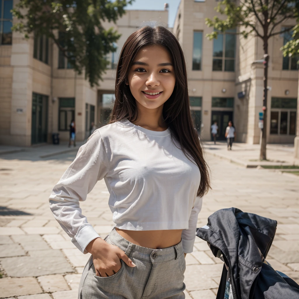 Highly detailed, A beautiful Uzbek student girl, standing in front of university, white shirt, (black, trousers), Uzbekistan, ultra realistic, real, sharp focus , (a girl), (8k uhd) skin texture (cute) smiling 