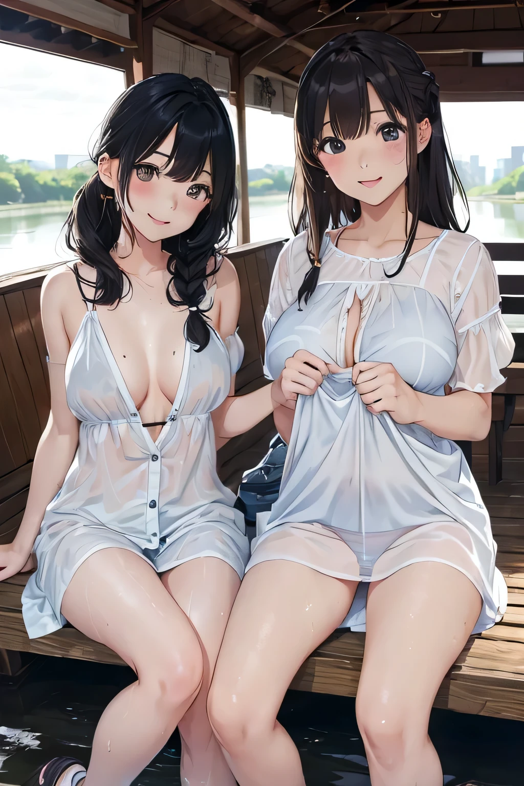 ((highest quality:1.4))、((High resolution))、(detailed background)、((detailed beautiful face:1.4))、(anatomically correct)、(detailed facial expressions)、beautiful and smooth skin、beautiful teenage girl、two beautiful girls、(huge breasts:1.3)、cute hair color、braided bob、braided ponytail、realistic、perfect body line、Attractive big buttocks、thick thighs、relaxed atmosphere、cowboy shot、Thin, sheer white panties、Thin, sheer white bra、(underboob:1.3)、(skirt lift:1.3)、cute pubic hair、

(((Two beautiful girls playfully lifting their skirts to show us their panties:1.5)))、
(Beautiful girl in the sunset reflected on the river while rowing a canoe)、Canoeing with a beautiful sunset view as a backdrop、While paddling a canoe in the gentle current、They intentionally splash water on each other while paddling a canoe.、They are smiling, splashing with water, and having fun joking with each other.、With the sound of the river flowing and the wind in the background、My clothes are wet and transparent、
Wear a loose shirt dress made of sheer material with the buttons open、My clothes are wet and transparent、wet、
Sneakers or sandals on your feet、sexual expression、A big smile、panty shot、(underboob:1.3)、cute、cameltoe