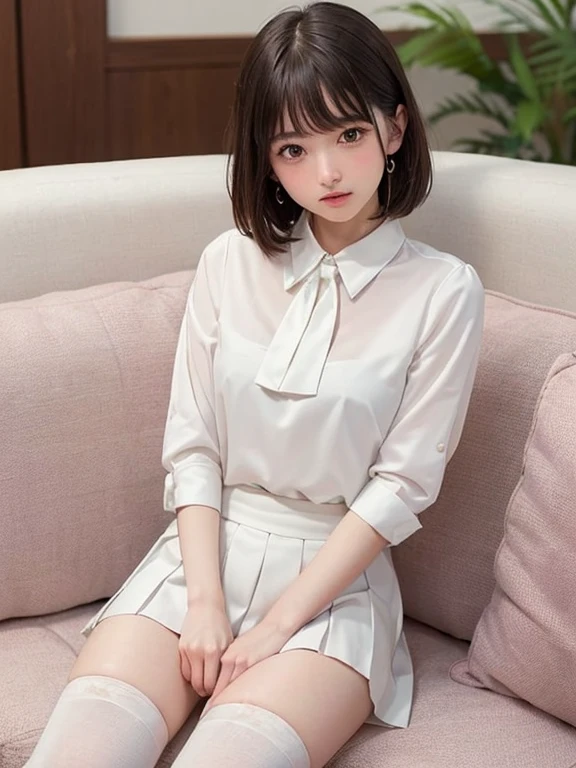 (masterpiece、highest quality:1.2)、14 years old、(shot above the knee:1.5)、bob cut、black hair、85mm、official art、RAW photo、Best Beautiful Faces、Close-up、Violet、gardenia、best beautiful girl、very cute、red cheeks、indoor、(Sit on the couch:1.8)、film grain、Color difference、sharp focus、(((nice hands、perfect hands、perfect fingers、perfect body with no defects)))、detailed face、(delicate body:1.5)、(slender body:1.2)、(let bangs fall:1.8)、(blushing:1.8)、(low contrast lighting:1.2)、(business white blouse with collar:1.5)、(White bow tie blouse:1.3)、(long sleeve: 1.3)、(white pleated mini skirt:1.5)、(white knee high socks:1.5)、(Pinch in the crotch:1.8)