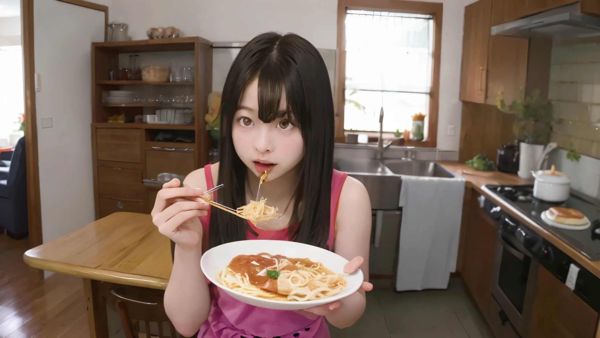 there is a woman eating a bowl of food in the kitchen, eating camera pov, eating noodles, mukbang, young skinny gravure idol, Beast, eating ramen, emo girl eating pancakes, inspired by Ayami Kojima, eating spaghetti, young sensual gravure idol, Yoshitomo Nara, ayami kojima amano