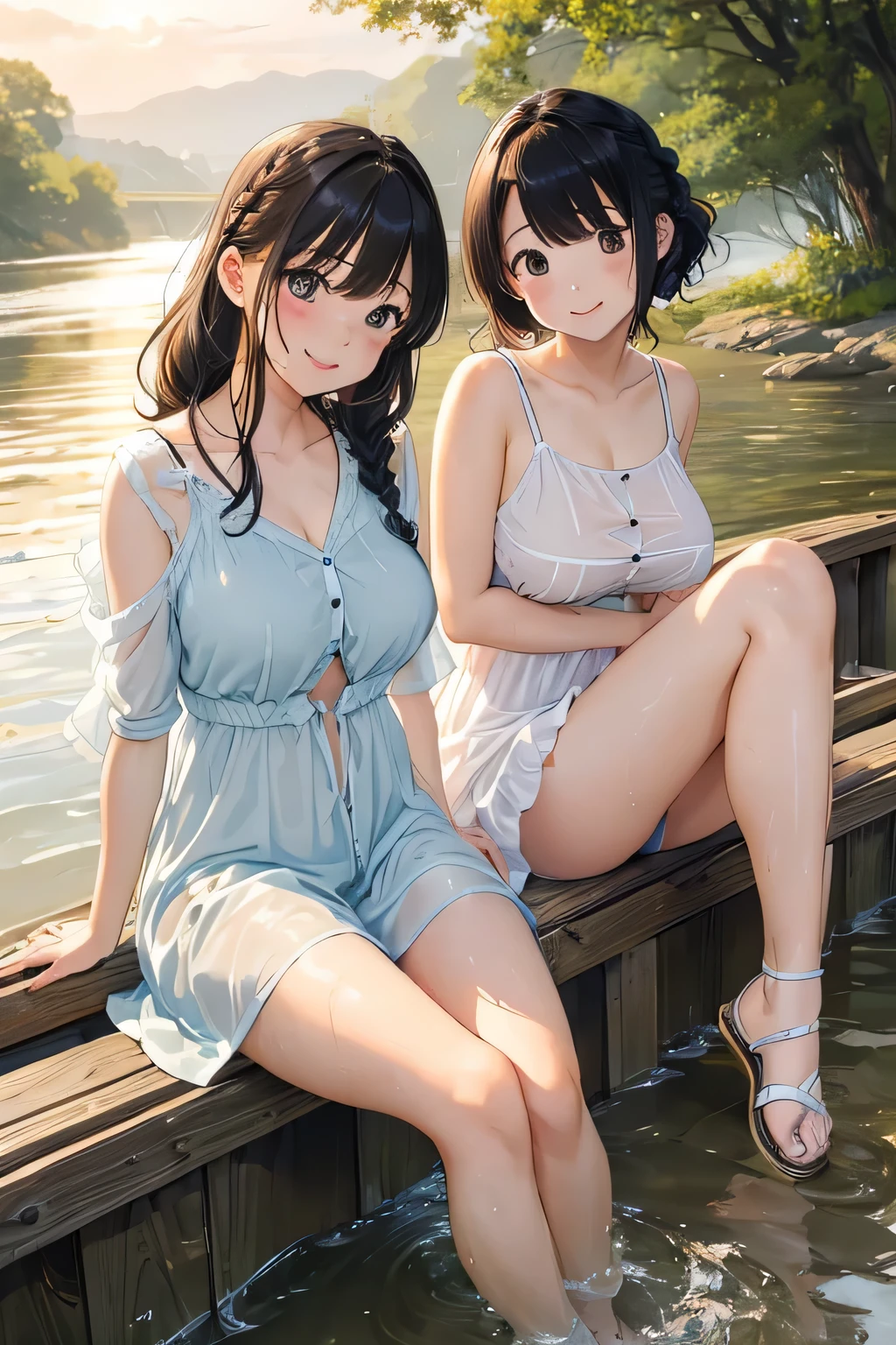 ((highest quality:1.4))、((High resolution))、(detailed background)、((detailed beautiful face:1.4))、(anatomically correct)、(detailed facial expressions)、beautiful and smooth skin、beautiful age girl、two beautiful girls、(huge breasts:1.3)、cute hair color、braided bob、braided ponytail、realistic、perfect body line、Attractive big buttocks、thick thighs、relaxed atmosphere、cowboy shot、Thin, sheer white panties、Thin, sheer white bra、(underboob:1.3)、(skirt lift:1.3)、cute pubic hair、
(((Two beautiful girls playfully lifting their skirts to show us their panties:1.5)))、
(Beautiful girl in the sunset reflected on the river while rowing a canoe)、Canoeing with a beautiful sunset view as a backdrop、While paddling a canoe in the gentle current、They intentionally splash water on each other while paddling a canoe.、They are smiling, splashing with water, and having fun joking with each other.、With the sound of the river flowing and the wind in the background、My clothes are wet and transparent、
Wear a loose shirt dress made of sheer material with the buttons open、My clothes are wet and transparent、wet、
Sneakers or sandals on your feet、sexual expression、A big smile、panty shot、(underboob:1.3)、cute、cameltoe