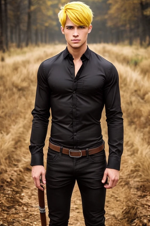 Goldenyellow hair,fallen a bit long but dreamy,Brown eyes,muscular,wearing a black shirt that the button is open at the top,with black trousers and boots.he has an axe at his back.