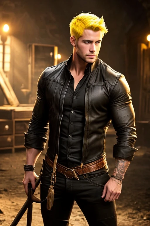 Goldenyellow hair,fallen a bit long but dreamy,Brown eyes,muscular,wearing a black shirt that the button is open at the top,with black trousers and boots.he has an axe at his back. 