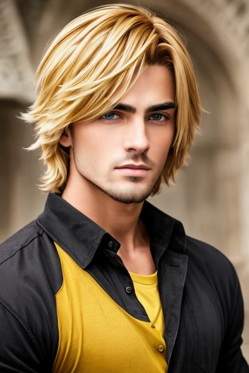Goldenyellow hair,fallen a bit long but dreamy,Brown eyes,muscular,wearing a black shirt that the button is open at the top,with black trousers and boots.he has an axe at his back.