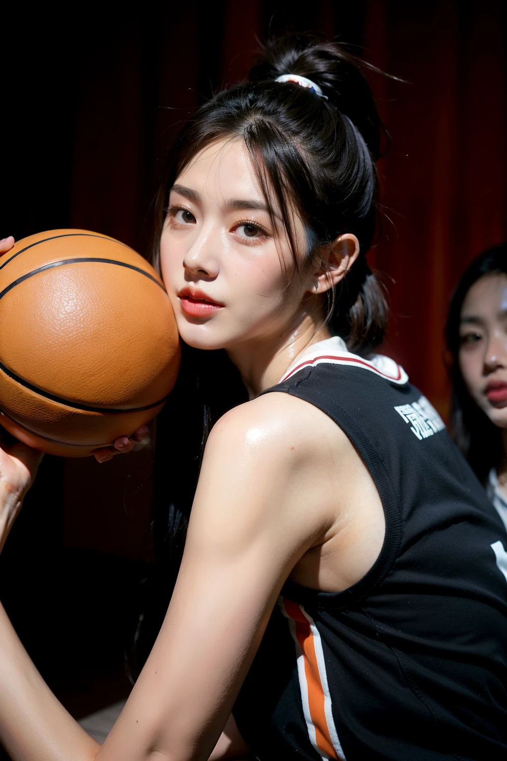 (8k, Best Quality, Masterpiece: 1.2), (Realistic, Realistic: 1.37), Ultra Detailed, Best Quality, Ultra High Resolution, Professional Lighting, Photon Mapping, Radiosity, Physically Based Rendering, Cinematic Lighting, Basketball Court, Depth of Field, Sharpness focus, sunlight, good composition, (bokeh: 1.2) 1girl, solo, (full body), (closed mouth), beautiful and detailed eyes, pose, narrow waist, basketball uniform, black hair, messy hair, long hair blowing in the wind, (ulzzang-6500:1.2) mix4, hiqcgbody