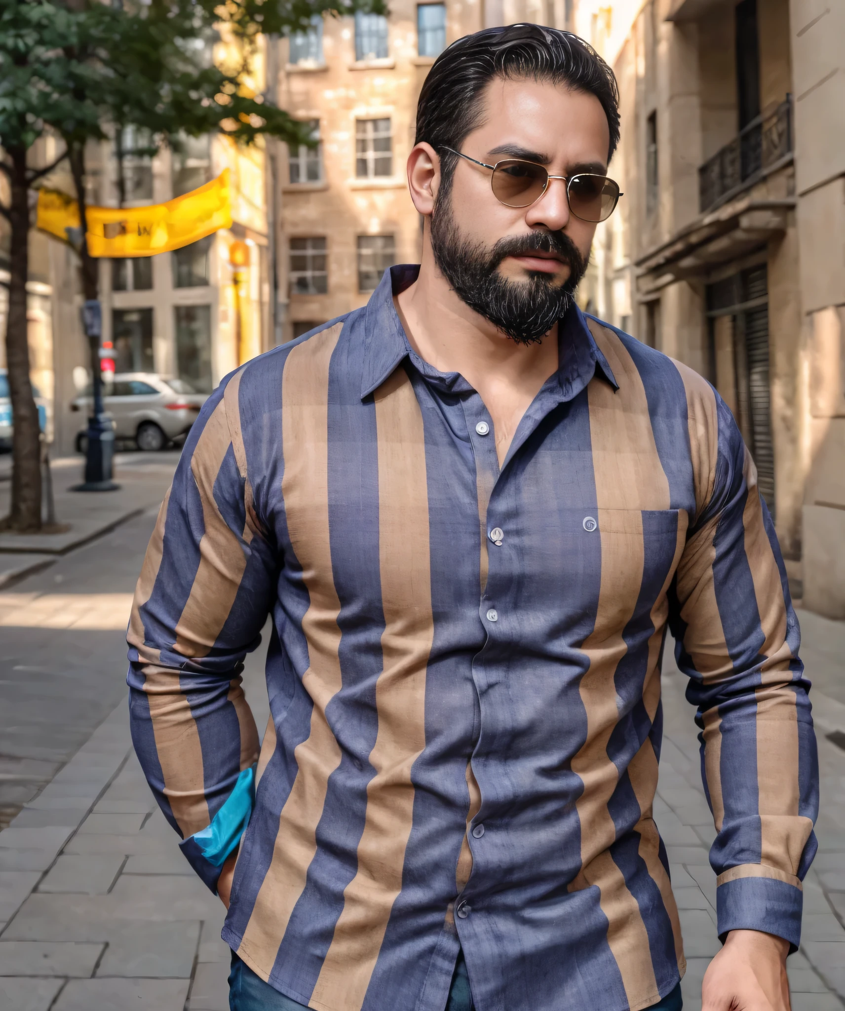 (best quality,4k,8k,highres,masterpiece:1.2), ultra-detailed, realistic:1.37, HDR, studio lighting, professional, vivid colors, bokeh, portraits, man in his late 30s, bearded, wearing sunglasses, wearing formal attire with checkered shirt, walking on the street.
