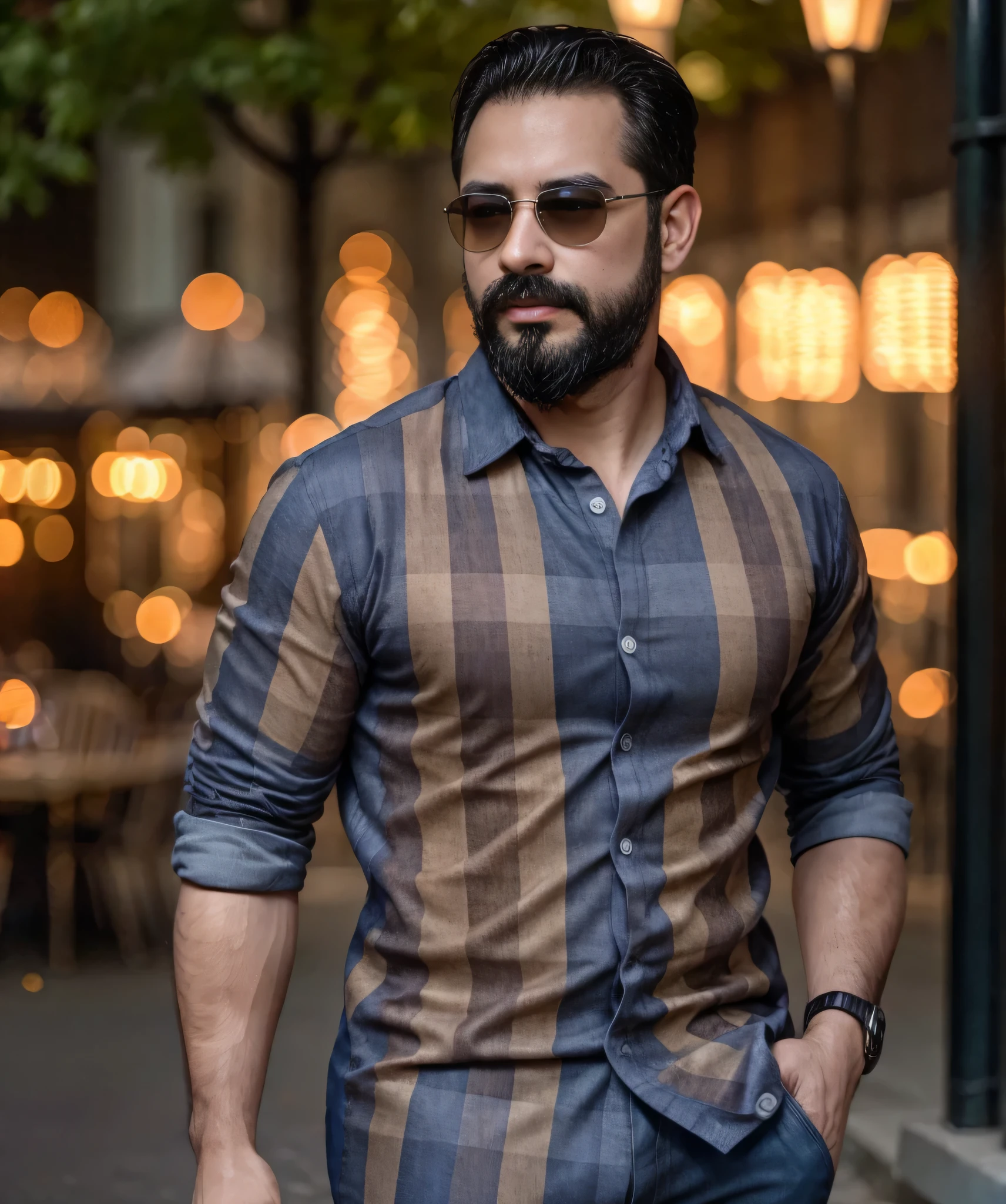 (best quality,4k,8k,highres,masterpiece:1.2), ultra-detailed, realistic:1.37, HDR, studio lighting, professional, vivid colors, bokeh, portraits, man in his late 30s, bearded, wearing sunglasses, wearing formal attire with checkered shirt, walking on the street.