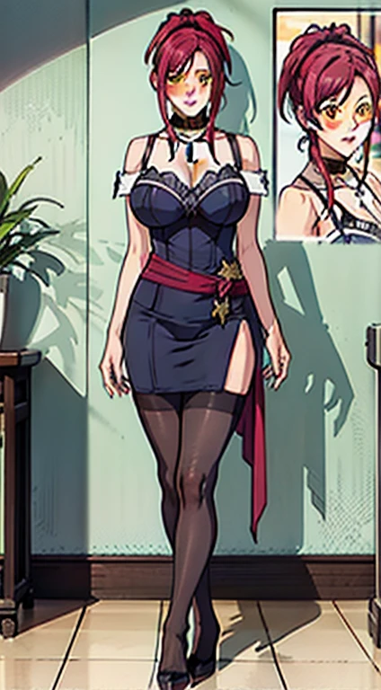 (masterpiece, best quality, high quality:1.4), professional artwork, intricate details, vision, sharp focus, detailed painting, Realistic lighting, Hot topics on pixiv, (vivid lights, bright colors:1.05), Realistic shadows, ambient occlusion, author：Takato Yamamoto and Maria Mamiya, adult, milf, alone, (Beautiful curves:1.1), Sitting on the sofa, Hands on waist, pose, intricate background, (full body shot:1.1),
(Red hair:1.05), hair accessories, lipstick, cosmetic, (mole under the eye:0.9), collar, Super detailed hair, Super detailed face, (yellow eyes:1.05), perfect eyes, perfect face, earrings, (Seductive look, blush:1.15),
(main clothing:1.2), collar, (black stockings:1.1), (High heel:1.2), bare shoulders, necklace,
 [[[[特写cleavage]]]Huge long saggy breasts, looking at the audience，cleavage], (Big breasts:1.15), split, big ass, thigh