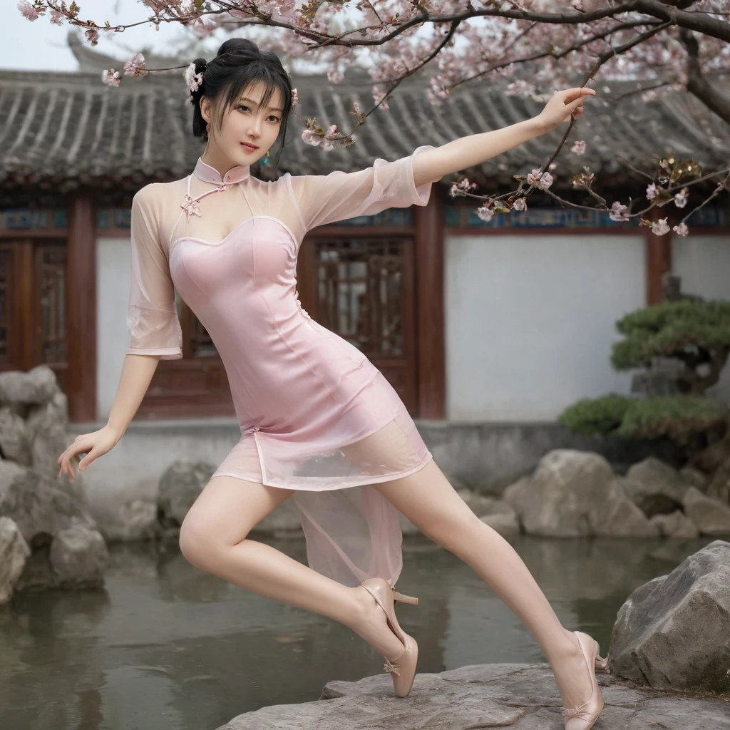 raw photo, realistic, chunli wears thin wet transparent white qipao, light smile, (extreme detailed face, detailed skin), slim body, tight waist, thin thighs, thin legs, huge round breasts, pearl earrings, double hair bun, silk bandeau, thin wet stockings, silk shoes, show thighs, show feet, full body shot, kungfu pose in garden, blooming plum trees, bamboos, soft lights on face, dusk, windy, warm tone.