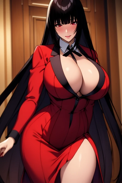 masterpiece, best quality, 1 girl, alone, Jabami Yumeko, black hair, long hair, blunt bangs, red dress, night, [[[[Close-up cleavage]]]Huge long saggy breasts, looking at the audience，cleavage], 