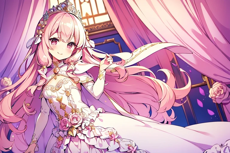 (kawaii),(best quality),(ultra detailed),(rococo style),(long train pastel pink cape:1.15), very long cape,(long train white ball gown with flower decorations:1.1), a girl is wearing a cape over her gown, 1 little princess, tiara, smile, very long hair, small breasts, beautiful detailed eyes, beautiful detailed lips