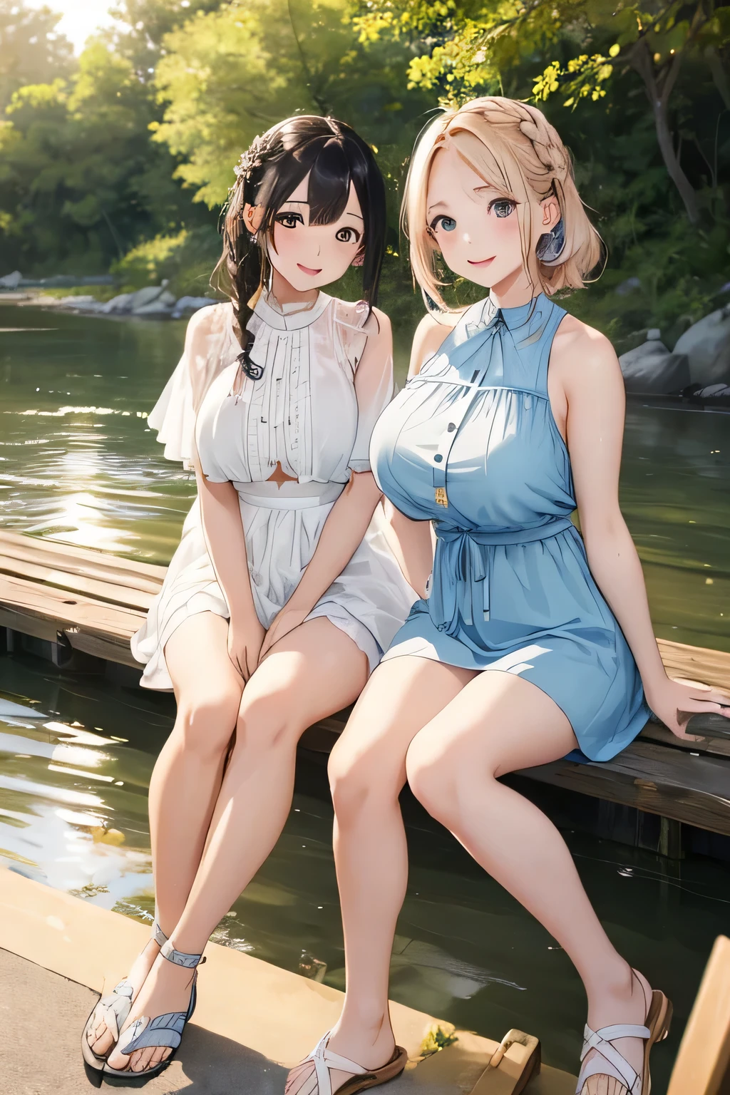 (NSFW:1.3), masterpiece, (realistic, photo realistic:1.2), ((highest quality), extremely fine and beautiful, beautiful face details, real human skin, realistic, photorealistic, 2girls, Cute girl, smile on face, cow-boy shot, Hair braided. School swimsuit, tiny breasts, wind