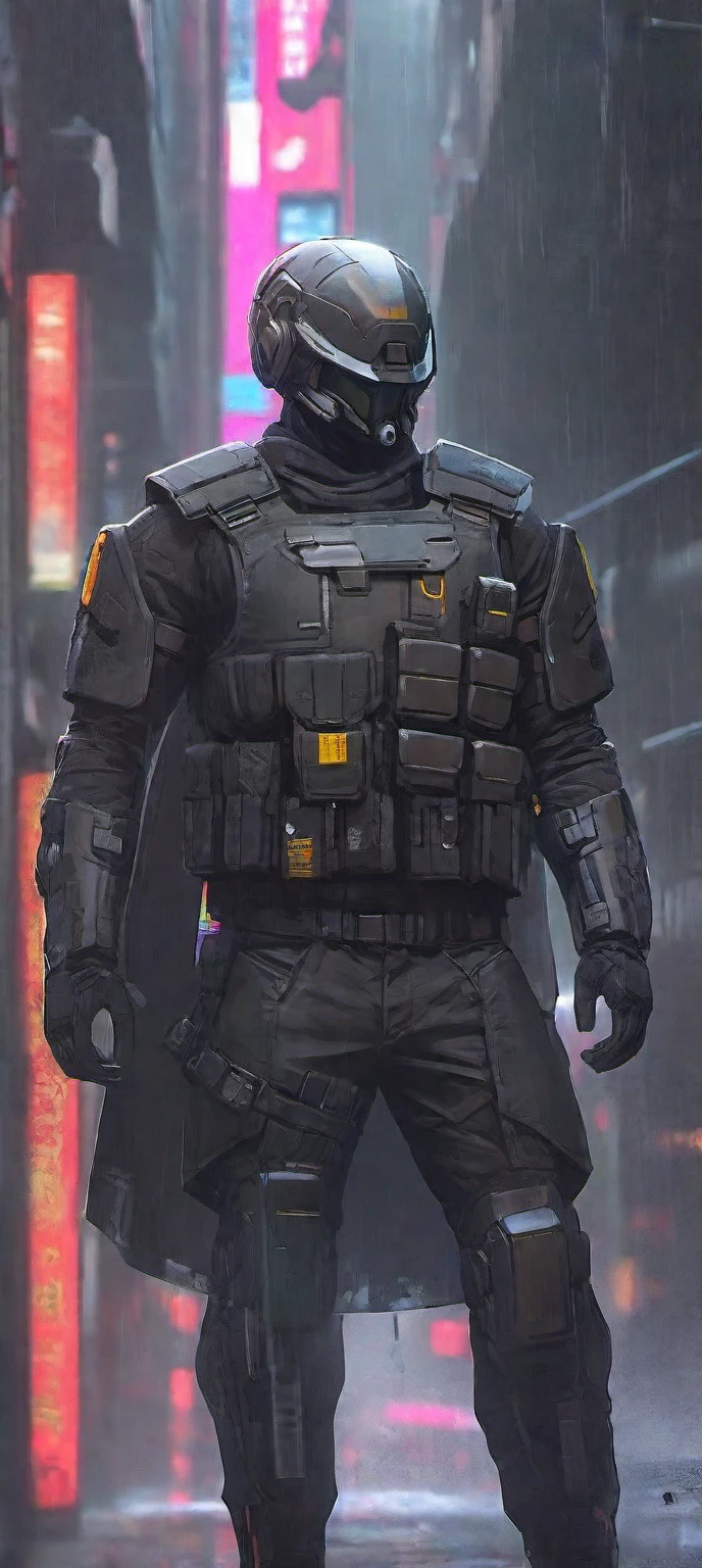 high-res, masterpiece, best quality, Helmet with a tactical armour, Visor, Shoulder pads, Utility belt, Cyberpunk, futuristic, sharpness, cyberpunk city, street neon lights, insta pic, photo of the year, Tactical vest with ammo pouches, A black cape behind him flowing in the wind, Thigh gun holster,