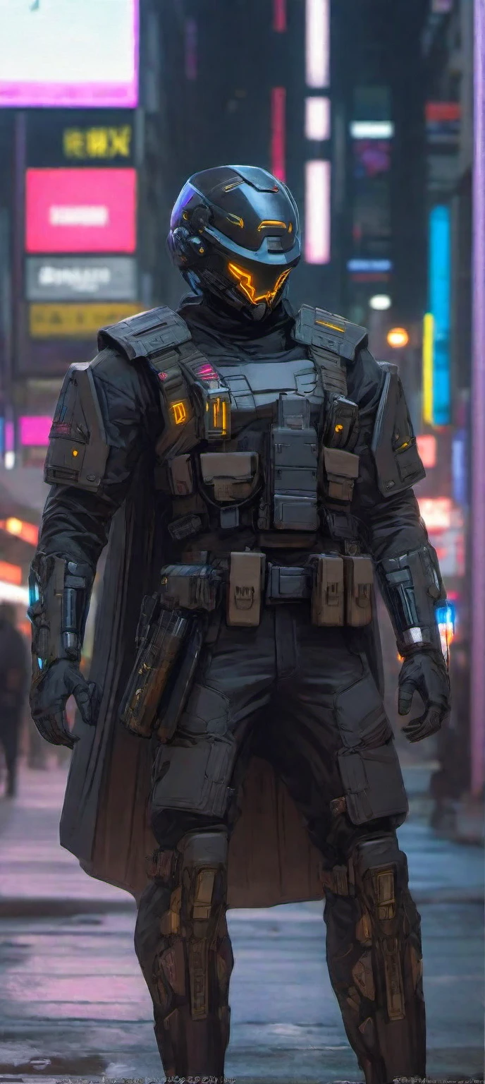 high-res, masterpiece, best quality, Helmet with a tactical armour, Visor, Shoulder pads, Utility belt, Cyberpunk, futuristic, sharpness, cyberpunk city, street neon lights, insta pic, photo of the year, Tactical vest with ammo pouches, A black cape behind him flowing in the wind, Thigh gun holster,