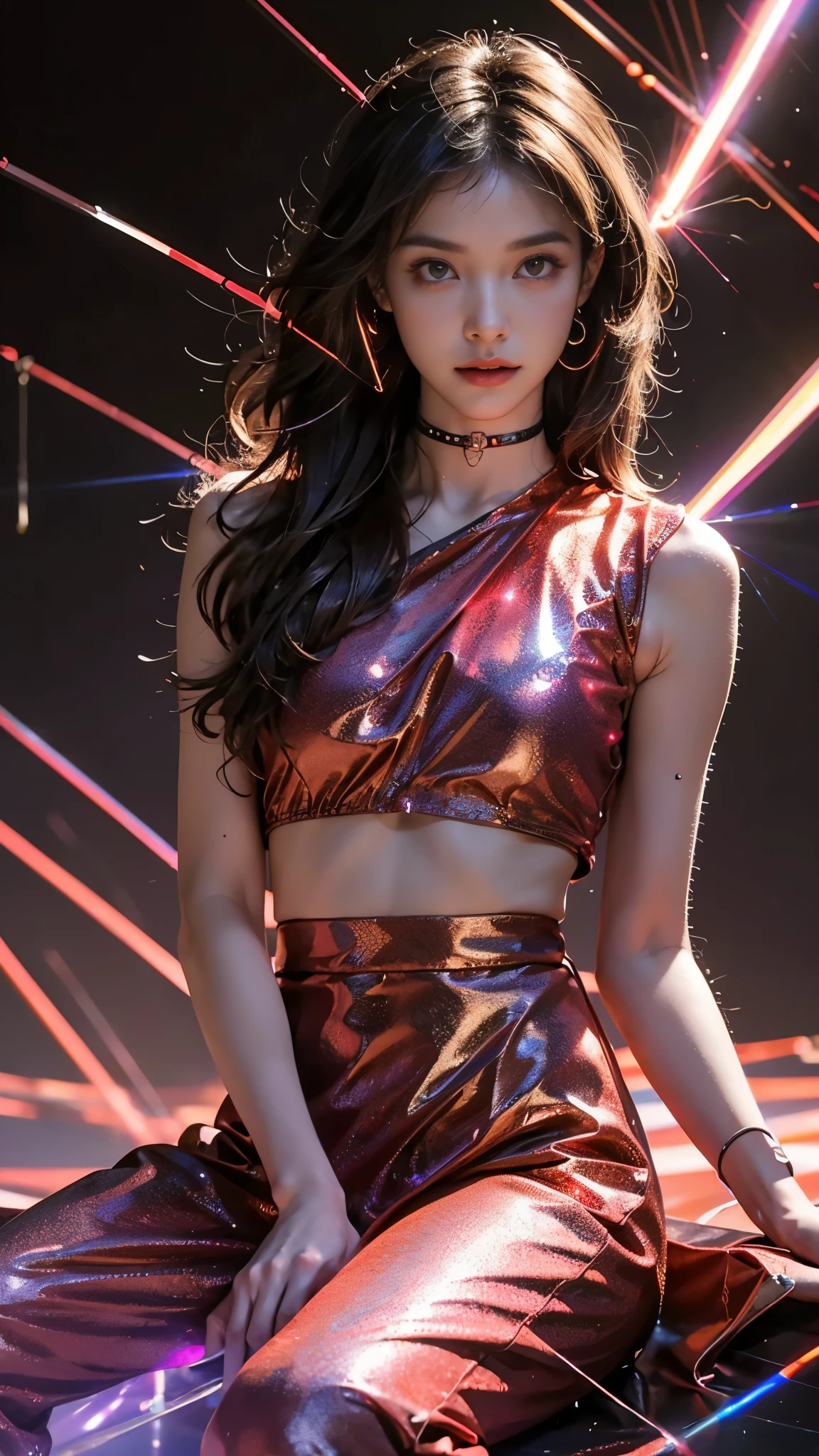 8K, ultra hd, masterpiece, 1 girl, (good face:1.4), detailed eyes, very long hair, impressive hairstyle, earings, necklace, small breasts, (glowing skirt outfit1.5), see-through, (red laser outfit:1.5), Light-colored foundation brings out the skin, (in the dark:1.5), mystery, (laser lights:1.8), glowing lights, very decoration, The laser falls like water, perfect front body, sitting,