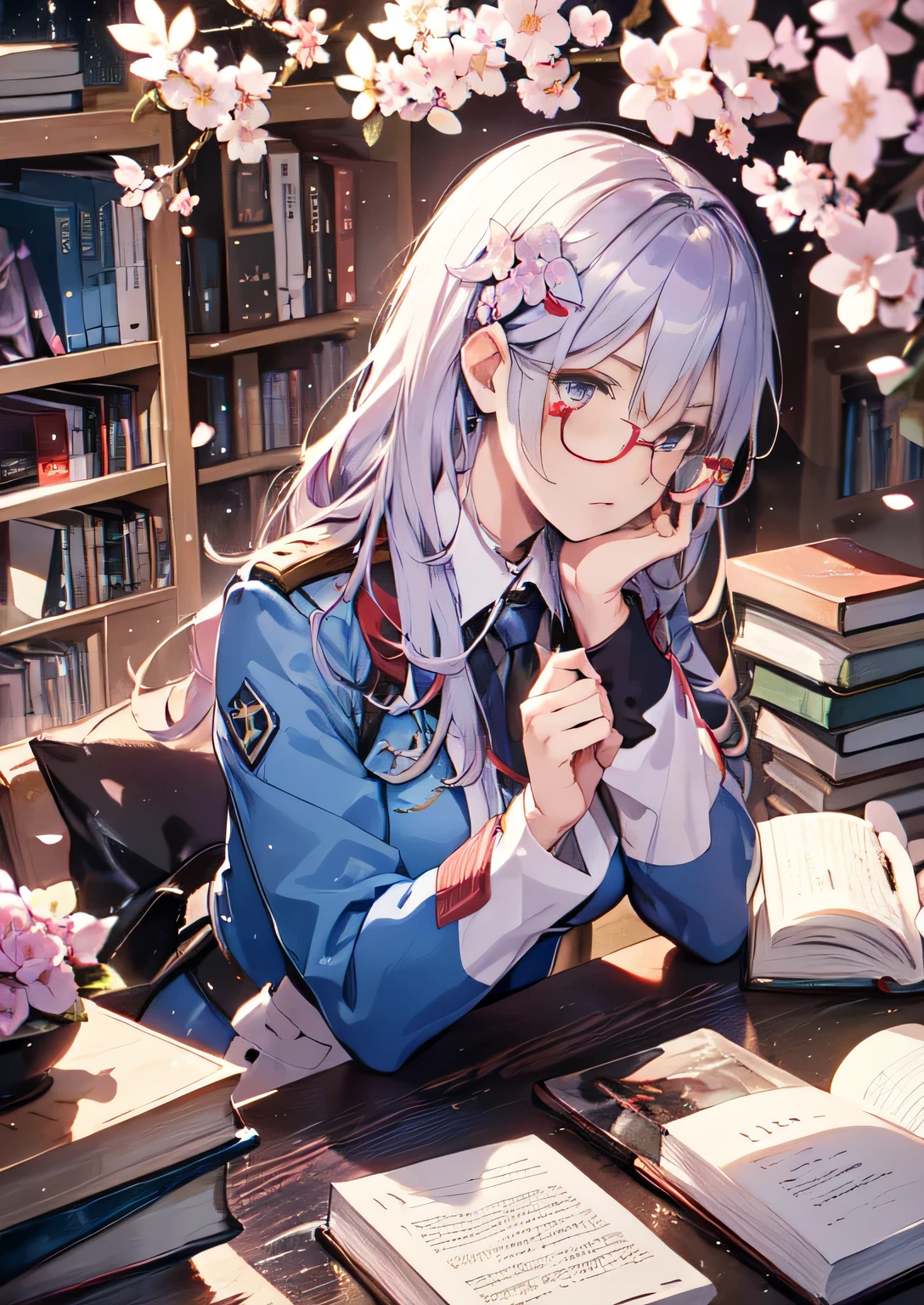 Natural light, floating hair, Diamond-shaped hair ornament,(((uniform))),(((Refers to 5 books)))profile, light purple hair,Cherry blossoms at night,(night view),(lonely face) (red glasses),Yuki Izumi