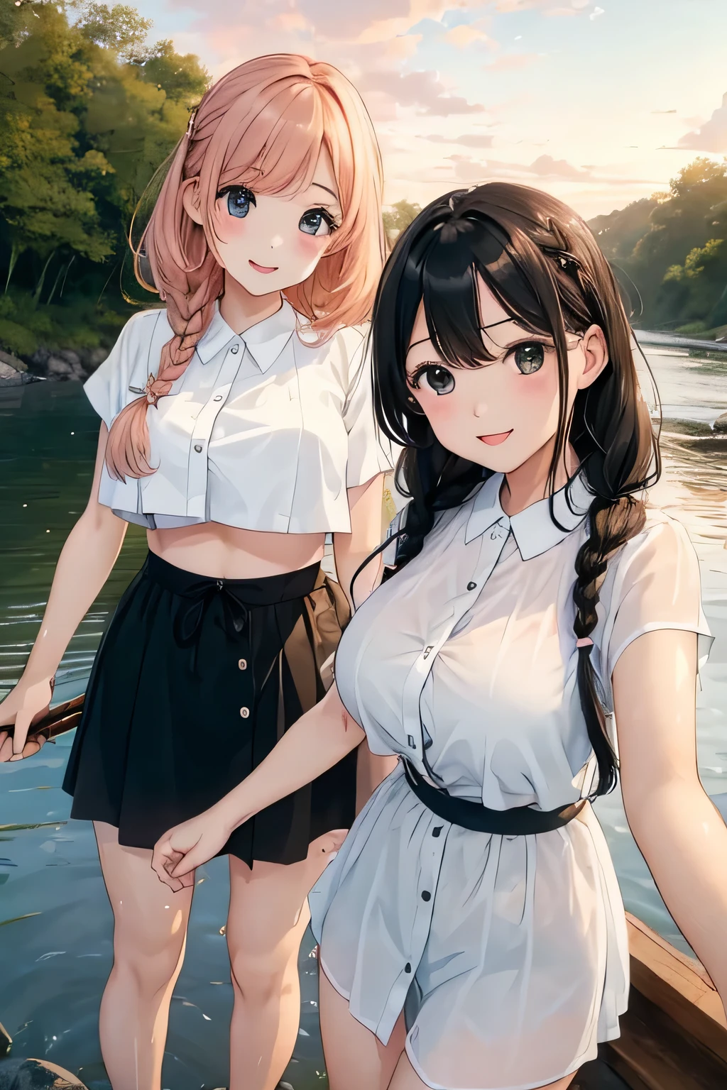 ((highest quality:1.4))、((High resolution))、(detailed background)、((detailed beautiful face:1.4))、(anatomically correct)、(detailed facial expressions)、beautiful and smooth skin、beautiful teenage girl、two beautiful girls、(huge breasts:1.3)、cute hair color、braided bob、braided ponytail、realistic、perfect body line、Attractive big buttocks、thick thighs、relaxed atmosphere、cowboy shot、Thin, sheer white panties、Thin, sheer white bra、(underboob:1.3)、(skirt lift:1.3)、cute pubic hair、
(((Two beautiful girls playfully lifting their skirts to show us their panties:1.5)))、
Beautiful girl in the sunset reflected on the river while rowing a canoe、Canoeing with a beautiful sunset view as a backdrop、While paddling a canoe in the gentle current、They intentionally splash water on each other while paddling a canoe.、They are smiling, splashing with water, and having fun joking with each other.、With the sound of the river flowing and the wind in the background、My clothes are wet and transparent、
Wear a loose shirt dress made of sheer material with the buttons open、My clothes are wet and transparent、wet、
Sneakers or sandals on your feet、sexual expression、A big smile、panty shot、(underboob:1.3)、cute、cameltoe