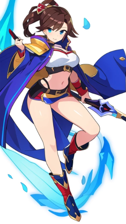 masterpiece, best quality, cute eyes, 1girl, solo, high fantasy costume, ((white background)), full body, holding weapon, crop top,