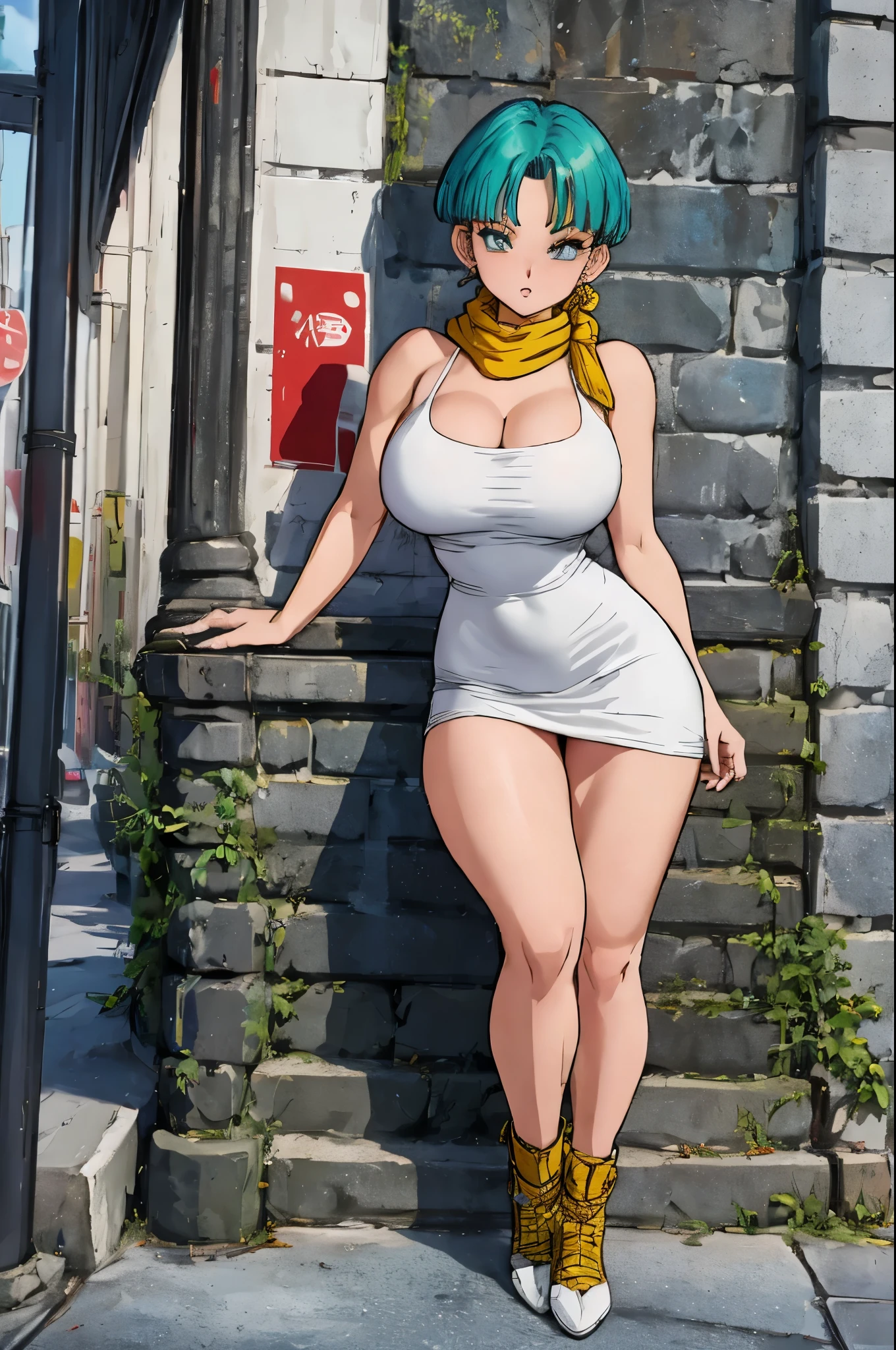 best quality, full body visto desde abajo ((cabello verde corto)).  (( anime bulma dragon ball z)) (( vestido rojo)) mujer 30 years old, ((cabello azul corto)), (( con curvas)),(( a yellow scarf)) (( vestido muy corto)) (( piernas fuertes)), (( cintura muy angosta)) hay una mujer con un vestido rojo y a yellow scarf, vestido apretado, vestimenta ajustada, succubus in short tight dress, vestido sexy, faye valentine, linda chica con traje de tanque, skinvestido apretado, better known as amoranto, amoranto, He wears a bathing suit, usando ropa sencilla y ajustada, cintura delgada y caderas gruesas , alto detalle 8K, perfect skin. 12K HDR