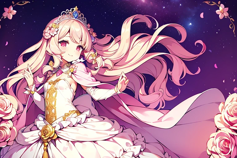 (kawaii),(best quality),(ultra detailed),(rococo style),(long train pastel pink cape:1.15), very long cape,(long train white ball gown with flower decorations:1.1), a girl is wearing a cape over her gown, 1 little princess, tiara, smile, very long hair, small ???????, beautiful detailed eyes, beautiful detailed lips
