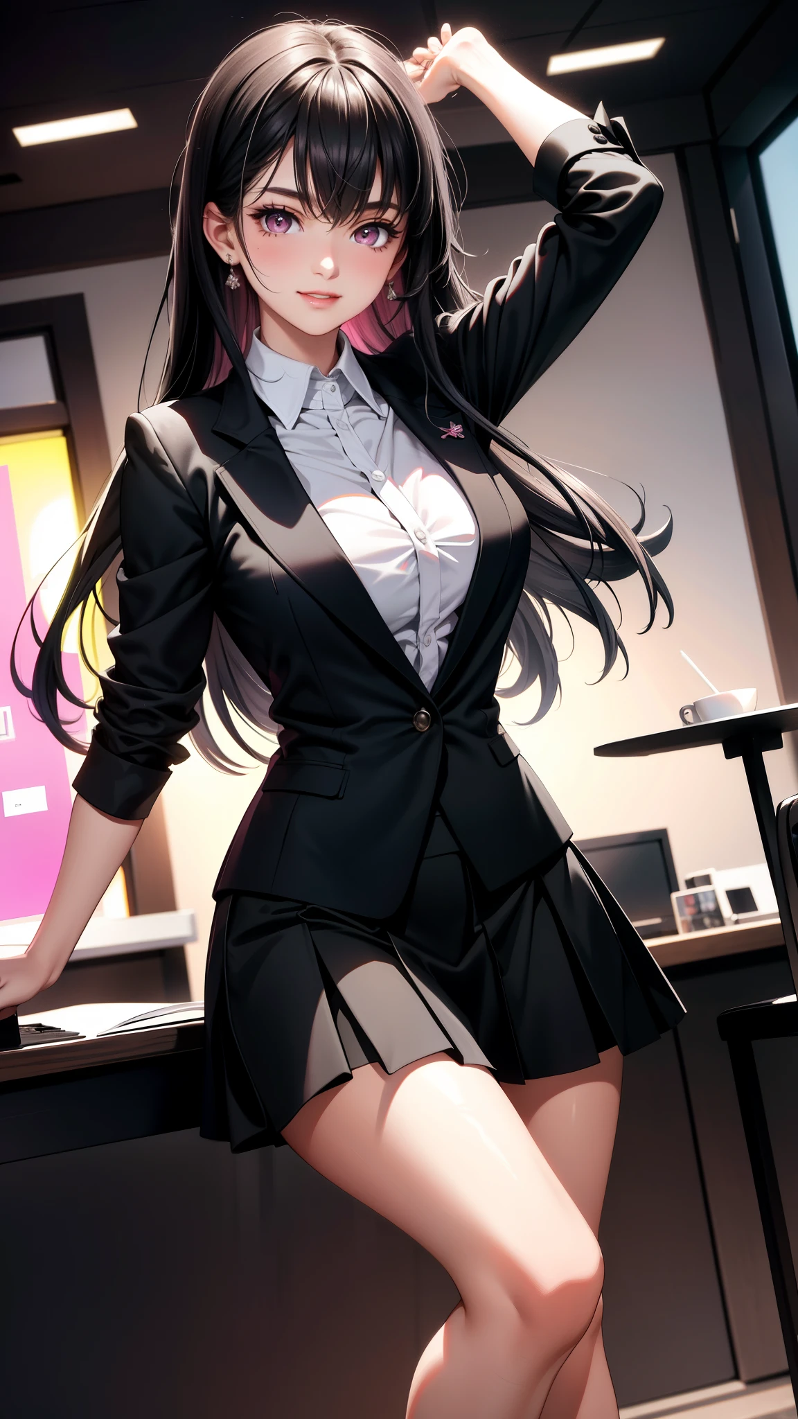 (best quality:1.1), (Masterpiece:1.2), High quality shadow, beautiful details, Beautiful face, Detailed eyes, depth of field, high resolution, best shadow, best light, 1 girl, see the audience, black hair, smooth, blunt, long hair, pink eyes, shy, big breasts:1.8, black short skirt, women&#39;s shirts, fashion suit jacket, pump, office woman,rift, smile, office background, sexy woman, Smooth posture hundred